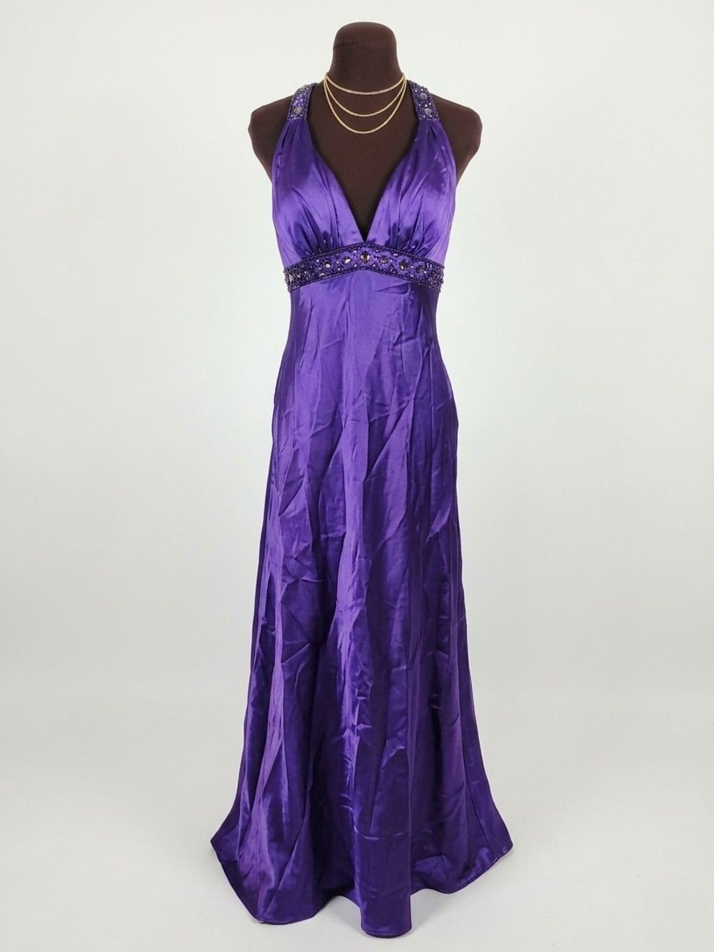 NWOT Dave & Johnny Deep Purple Beaded Halter Satin Gown